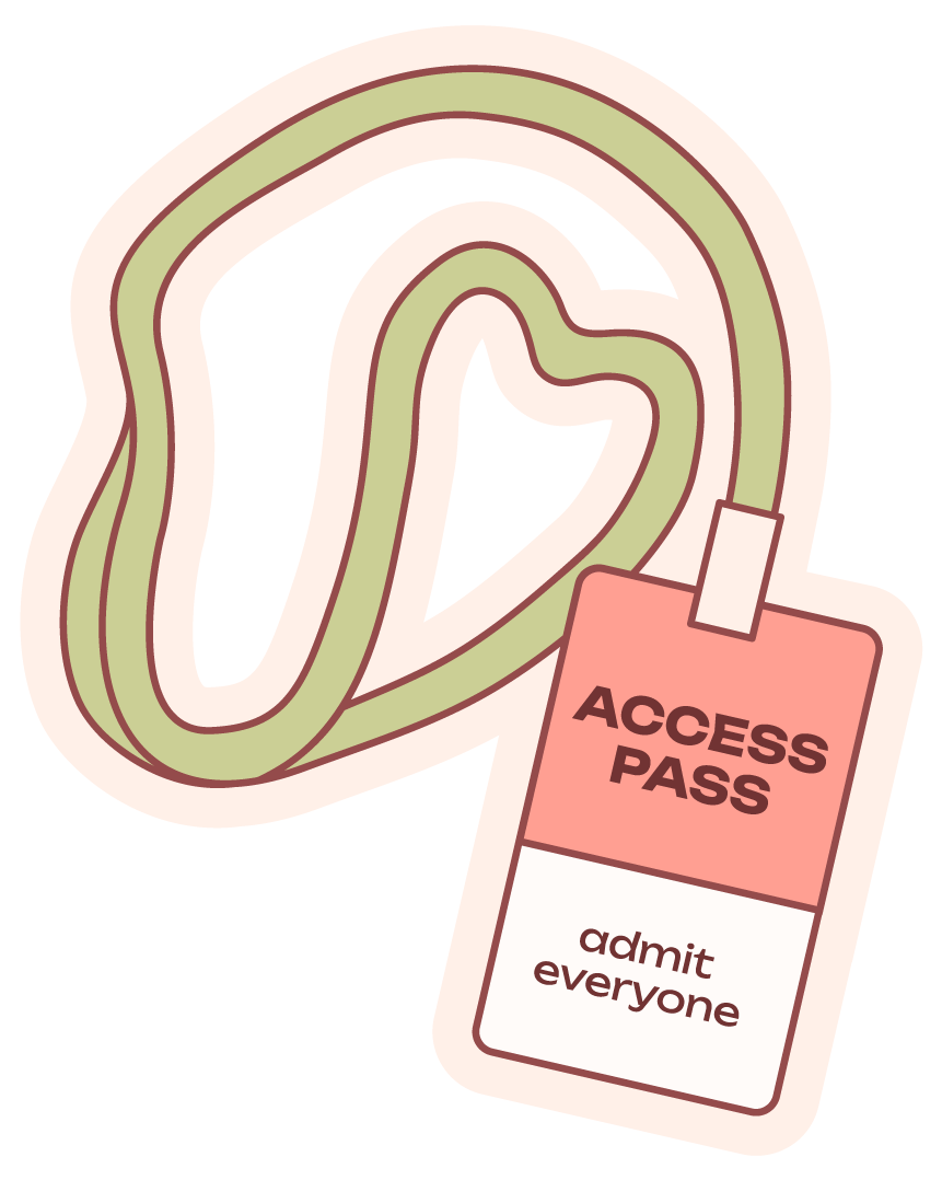 AP-Illustrations-badge a light green lanyard with a pink and white VIP badge that reads "access pass, admit everyone"