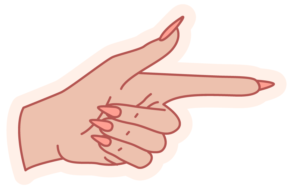 a hand with long fingernails painted pink, pointing right