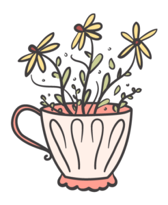 a whimsical illustration of a decorative mug with flowers growing in it