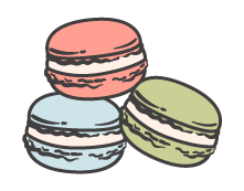 a whimsical illustration of a stack of pastel pink, green, and blue macarons