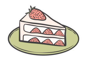 a whimsical illustration of a slice of strawberry shortcake on a plate