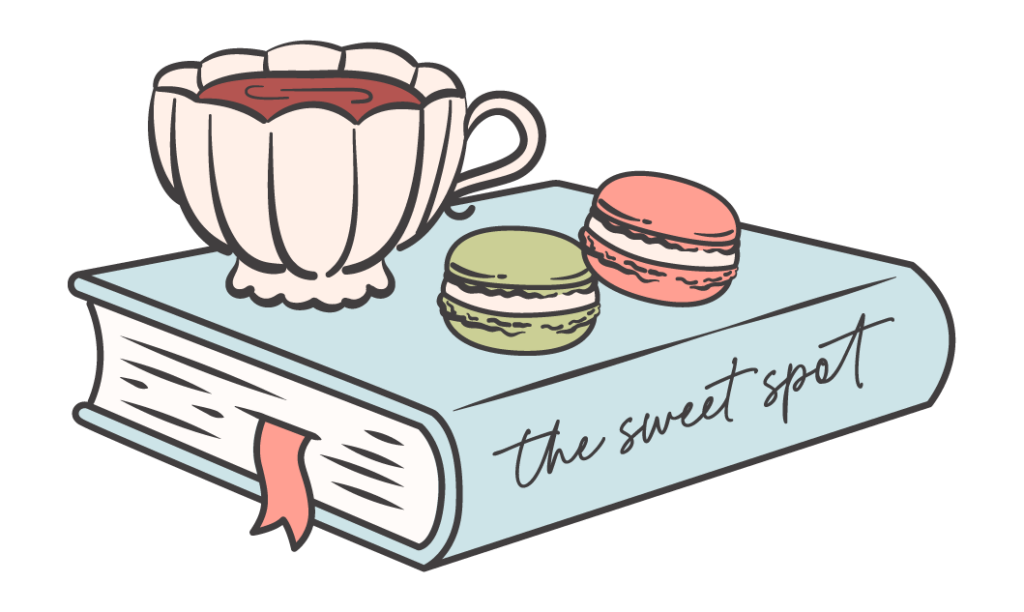 a whimsical illustration of a pastel blue book with a teacup and two macarons on top of it, the spine says "the sweet spot"