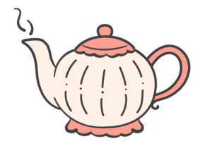 a whimsical illustration of a decorate pink and white teapot with steam coming from the spout
