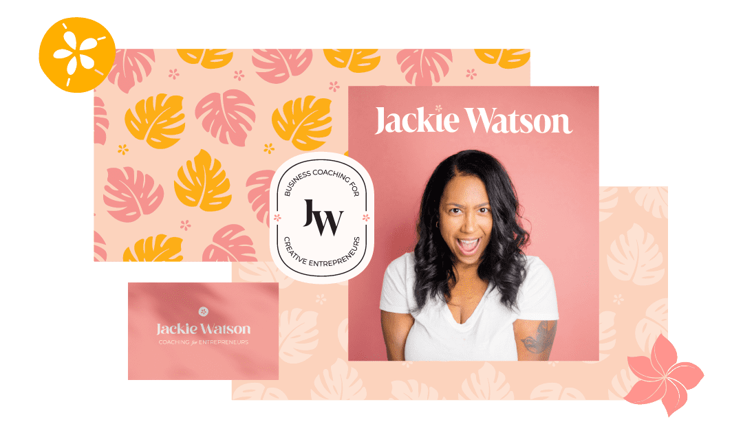 a collage featuring logos, a business card, patterns, and illustrations for a coaching brand