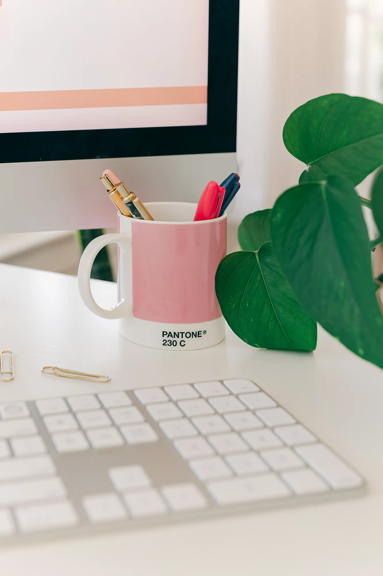 closeup of a pink Pantone mug with pens in it, sitting on a desk with a pothos plant, keyboard, and monitor on top