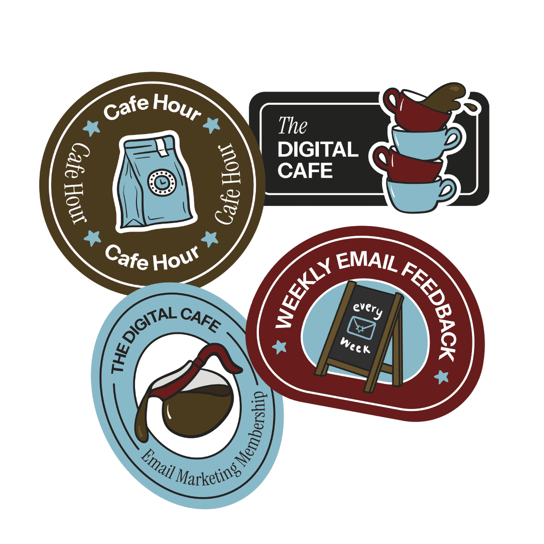 custom sticker-style illustrations for a marketing membership with a café theme, including a bag of coffee beans, a coffee pot, a stack of mugs, and a welcome sign