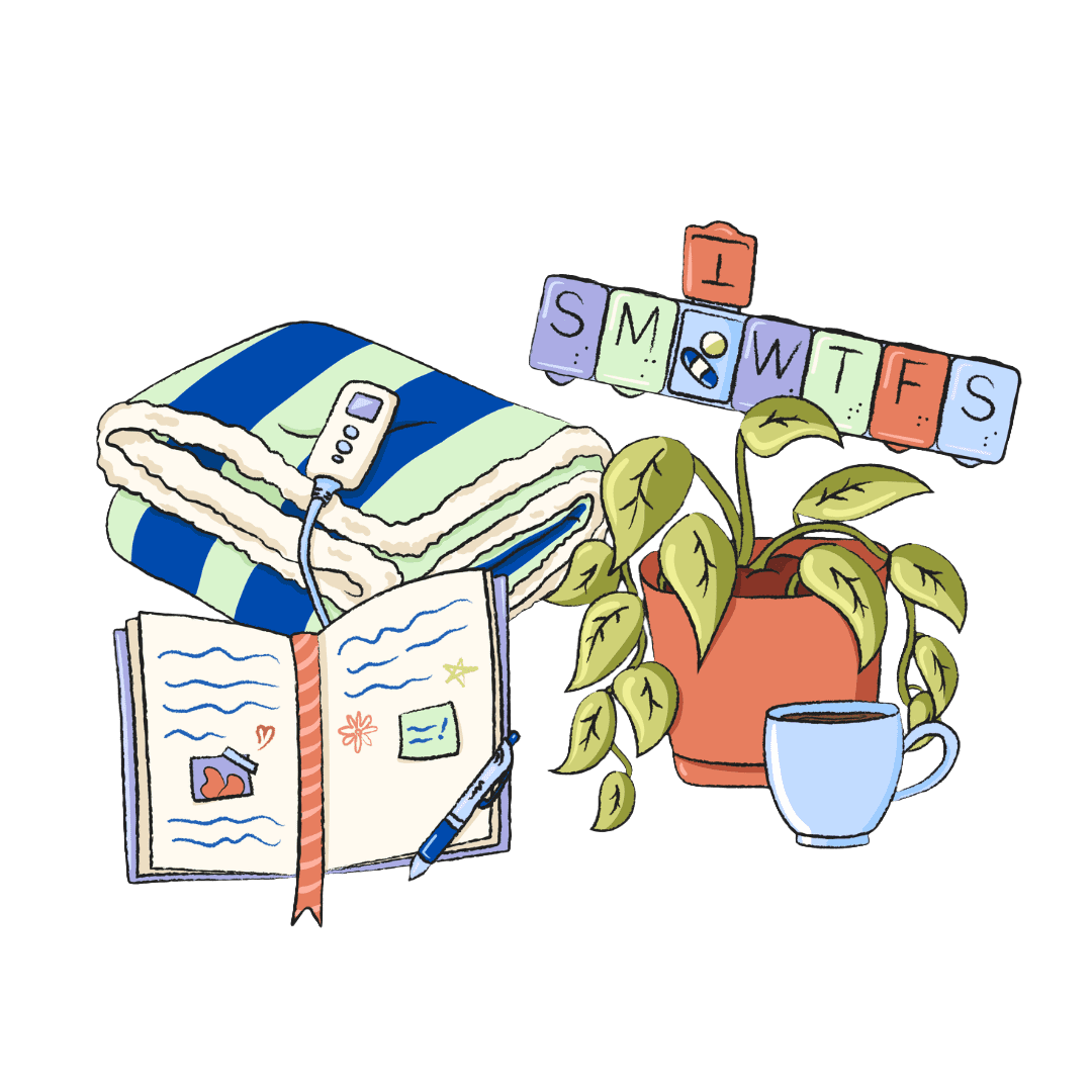 custom sketchy-style illustrations for a low energy entrepreneur community with a cozy theme, including a fuzzy electric blanket, a medicine organizer, a journal with notes, a potted pothos plant and a coffee mug