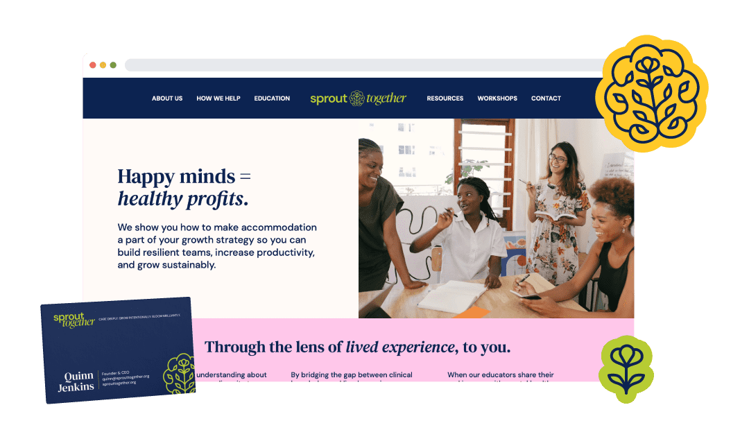 a collage featuring a website homepage, a business card, and illustrations for a mental health brand